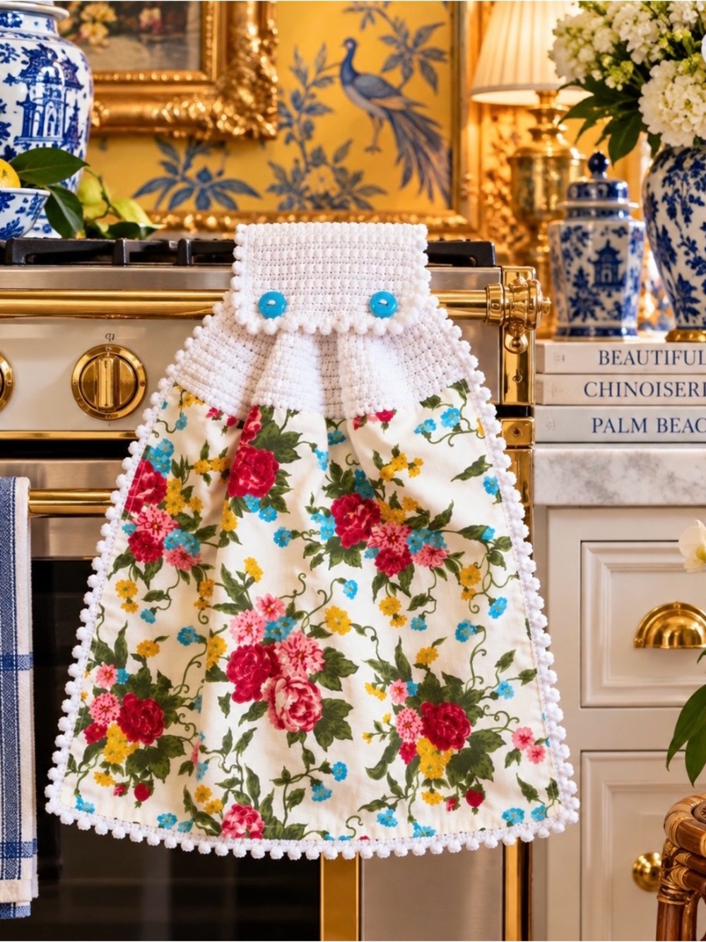 Pioneer Woman Floral Crochet Hanging Kitchen Towel White Handmade